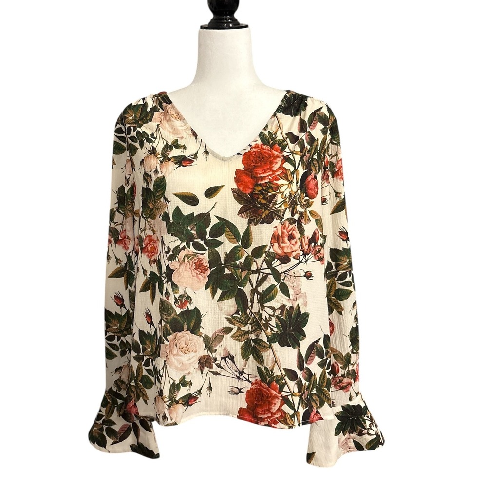 Smashed Lemon Floral Print Long Sleeve V‎ Neck Blouse Women's Size 8